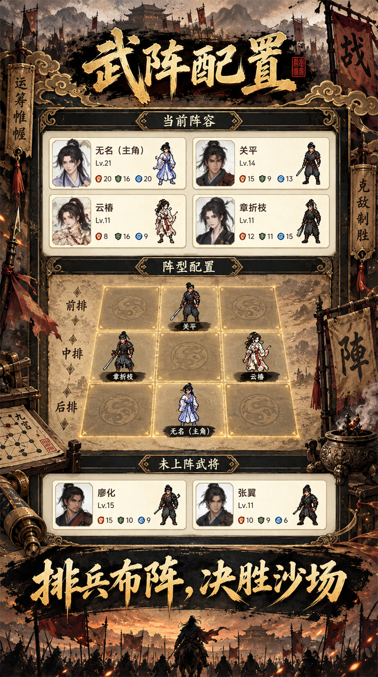 武阵配置界面，展示武将阵容与九宫格站位