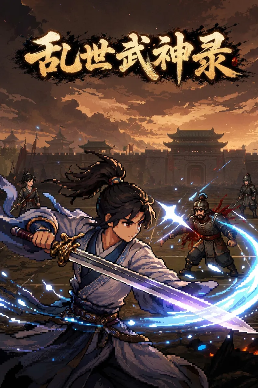 乱世武神录竖版像素风宣传图：主角挥剑迎战洛阳城前的敌军